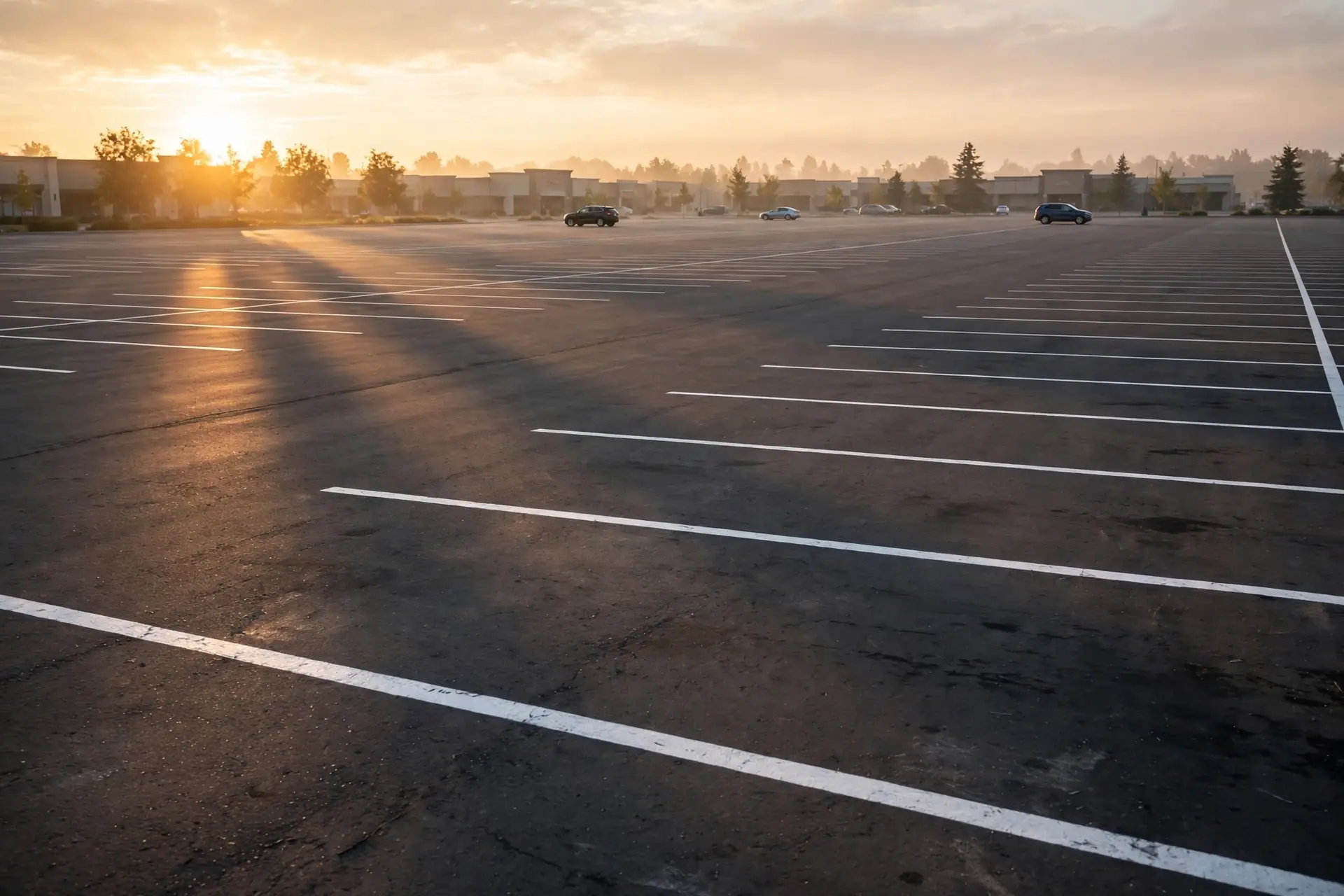 Empty shopping-center parking lot at dawn