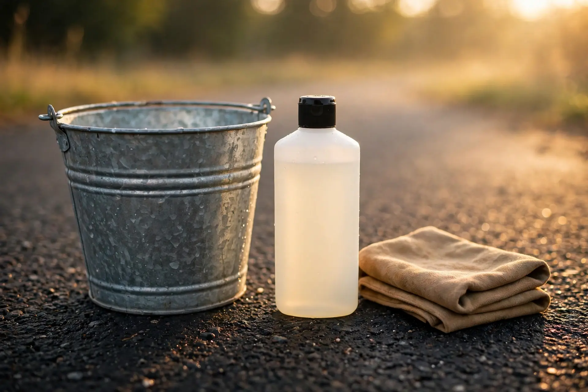 Wash bucket, soap, and chamois in morning light